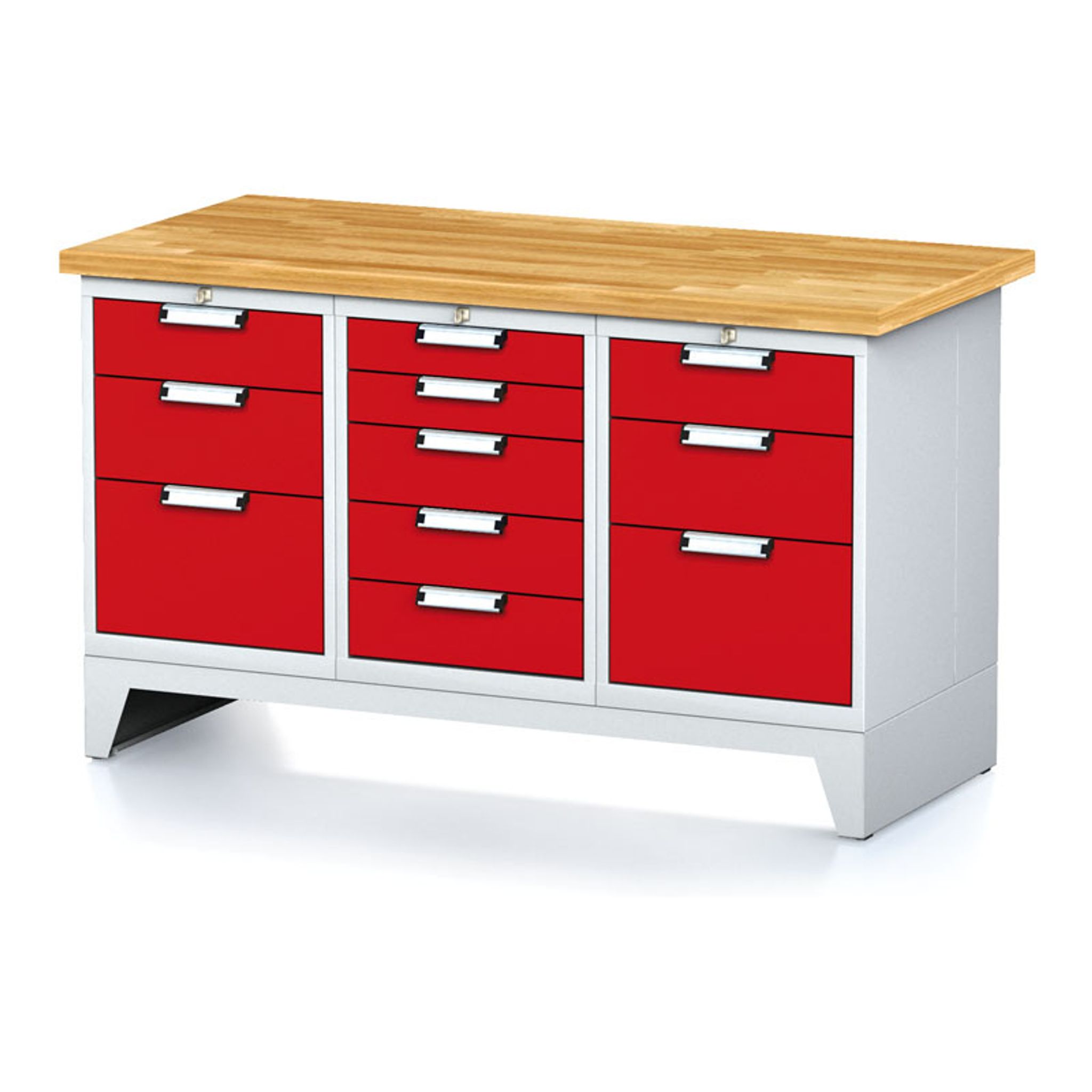 Dílenský stůl MECHANIC I, 1x 5 zásuvkový box a 2x 3 zásuvkový box na nářadí, 11 zásuvek, 1500x685x880 mm, červené dveře