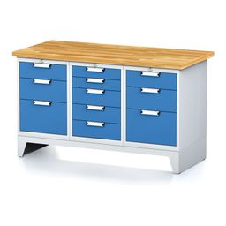 Dílenský stůl MECHANIC I, 1x 5 zásuvkový box a 2x 3 zásuvkový box na nářadí, 11 zásuvek, 1500x685x880 mm, modré dveře