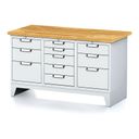 Dílenský stůl MECHANIC I, 1x 5 zásuvkový box a 2x 3 zásuvkový box na nářadí, 11 zásuvek, 1500x685x880 mm, šedé dveře