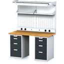 Dílenský stůl MECHANIC I + 2x závěsný box, nástavba, police, el. zásuvky a osvětlení , 8 zásuvek, 1500x685x880 mm, antracitové dveře