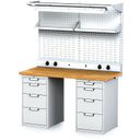Dílenský stůl MECHANIC I + 2x závěsný box, nástavba, police, el. zásuvky a osvětlení, 8 zásuvek, 1500x685x880 mm, šedé dveře