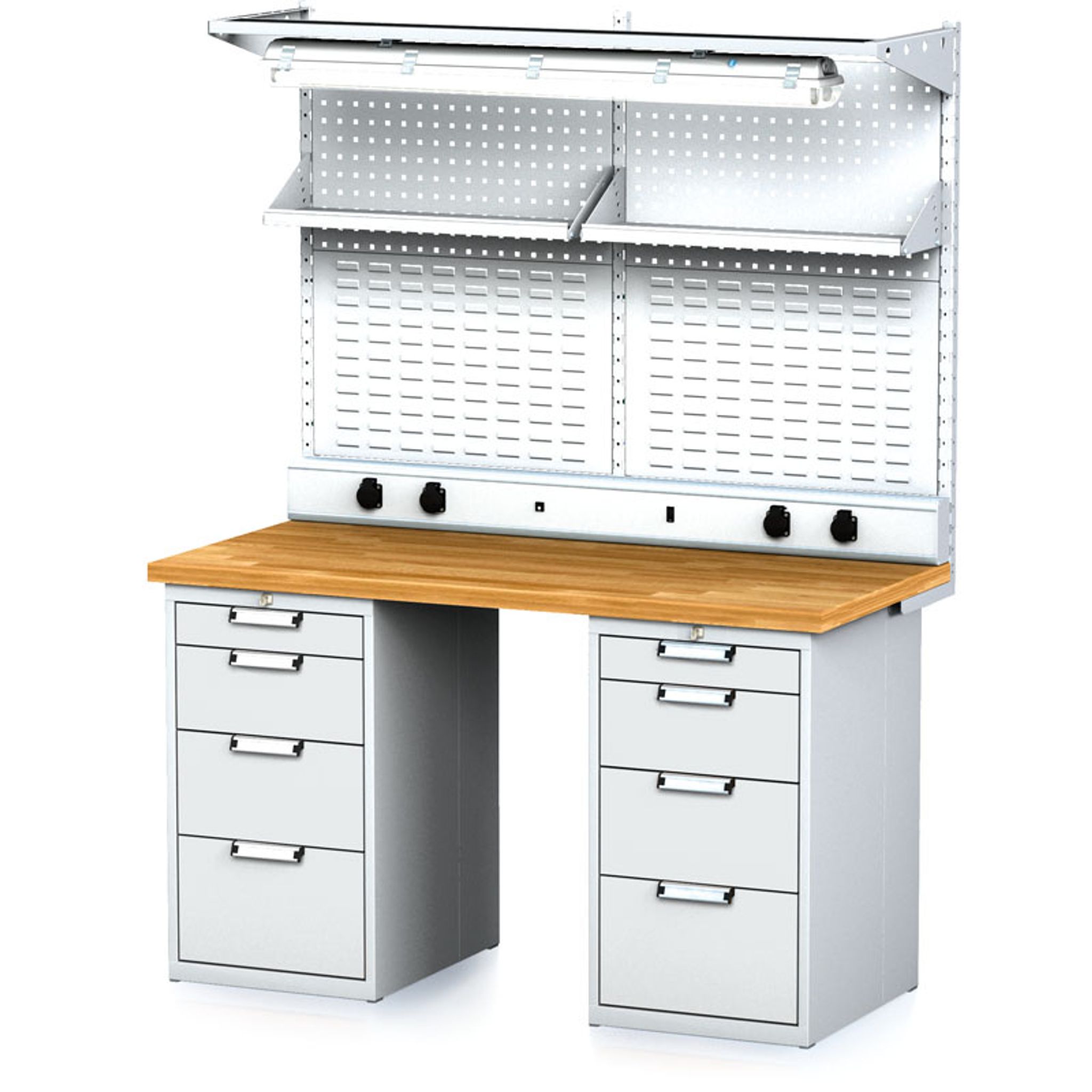 Dílenský stůl MECHANIC I + 2x závěsný box na nářadí, nástavba, police, el. zásuvky a osvětlení, 8 zásuvek, 1500x685x880 mm