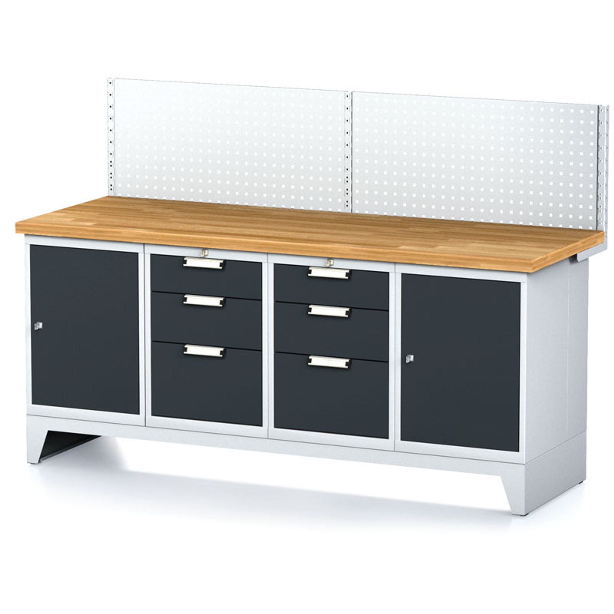 Dílenský stůl MECHANIC I s perforovaným panelem, 2 skříňky a 2 zásuvkové boxy na nářadí, 6 zásuvek, 2000x685x880 mm