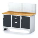 Dílenský stůl MECHANIC I, perforovaný panel, 2 skříňky a zásuvkový box na nářadí, 3 zásuvky, 1500x685x880 mm, grafitové dveře