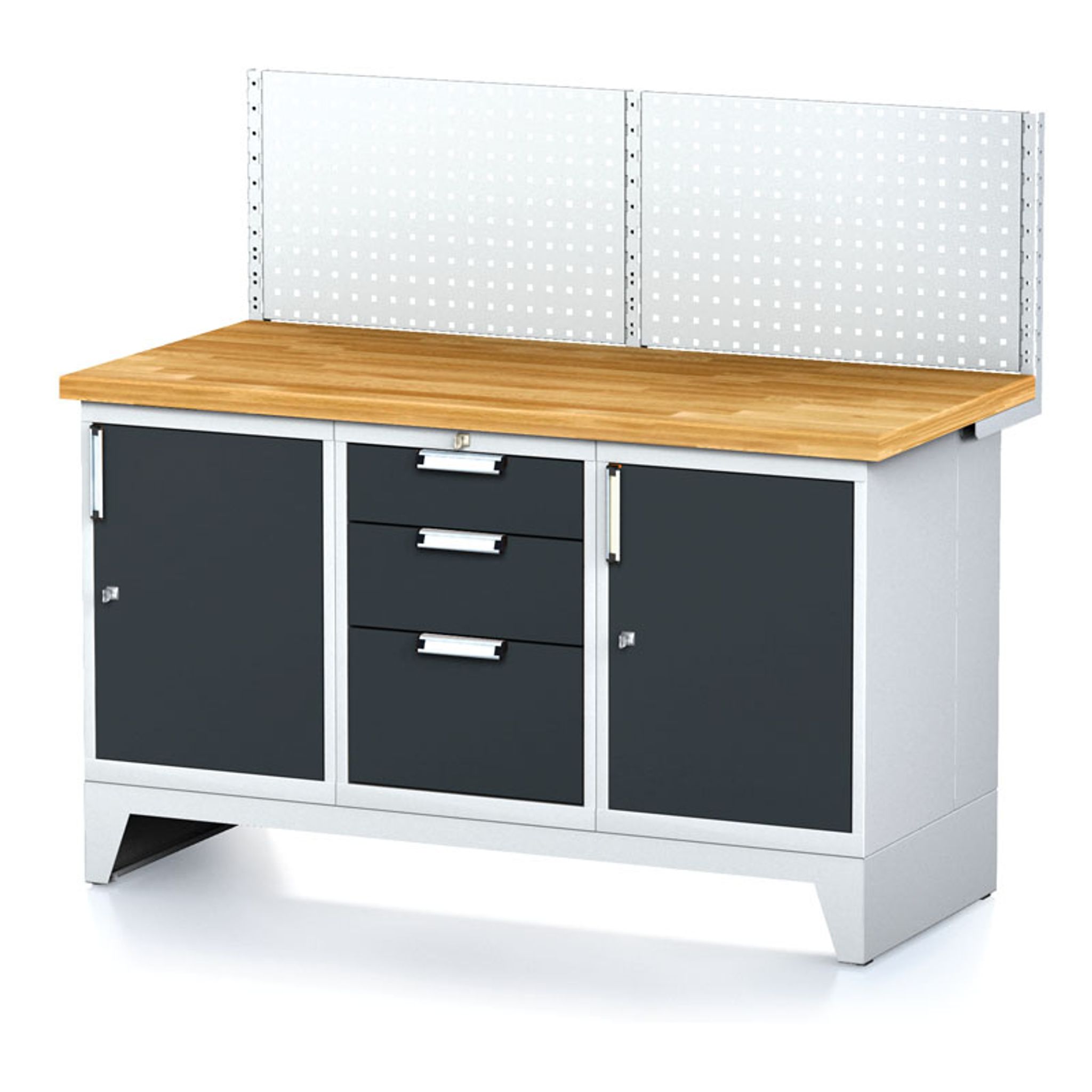 Dílenský stůl MECHANIC I s perforovaným panelem, 2 skříňky a zásuvkový box na nářadí, 3 zásuvky, 1500x685x880 mm