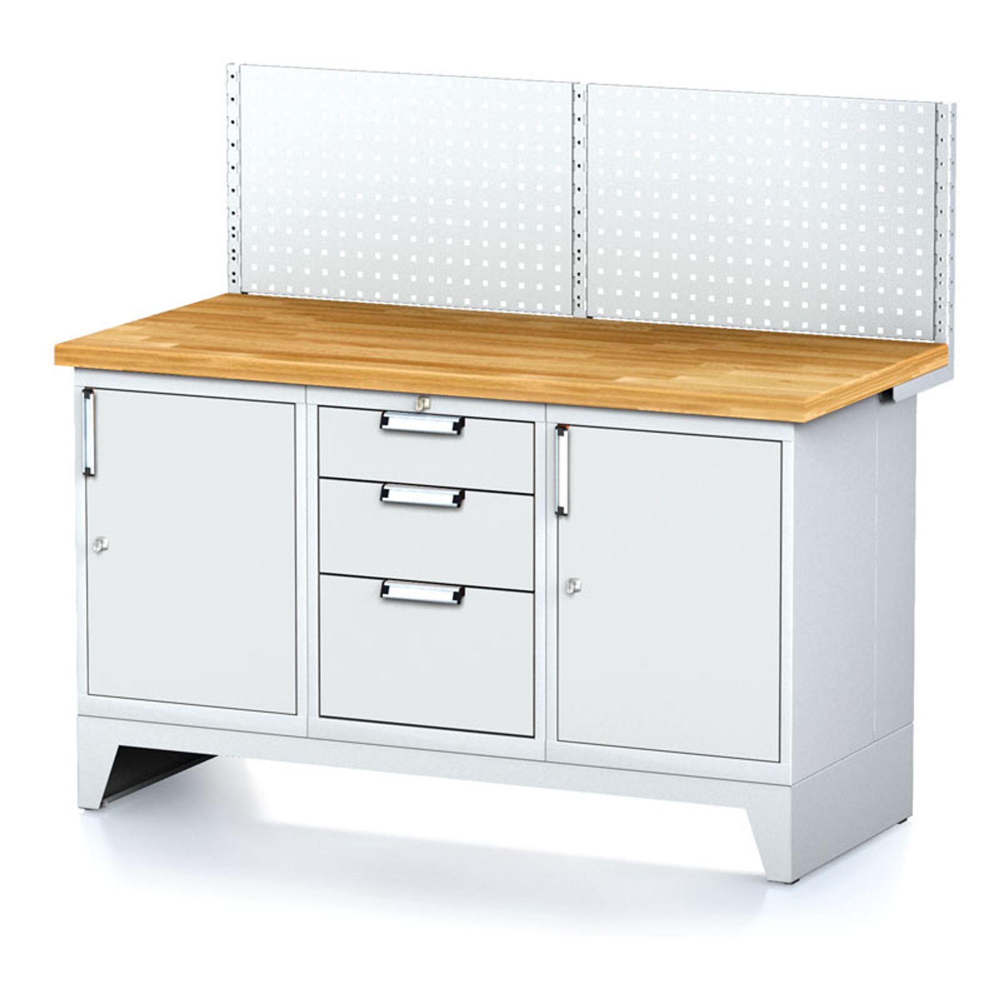 Dílenský stůl MECHANIC I , perforovaný panel,2 skříňky a zásuvkový box na nářadí, 3 zásuvky, 1500x685x880 mm, šedé dveře