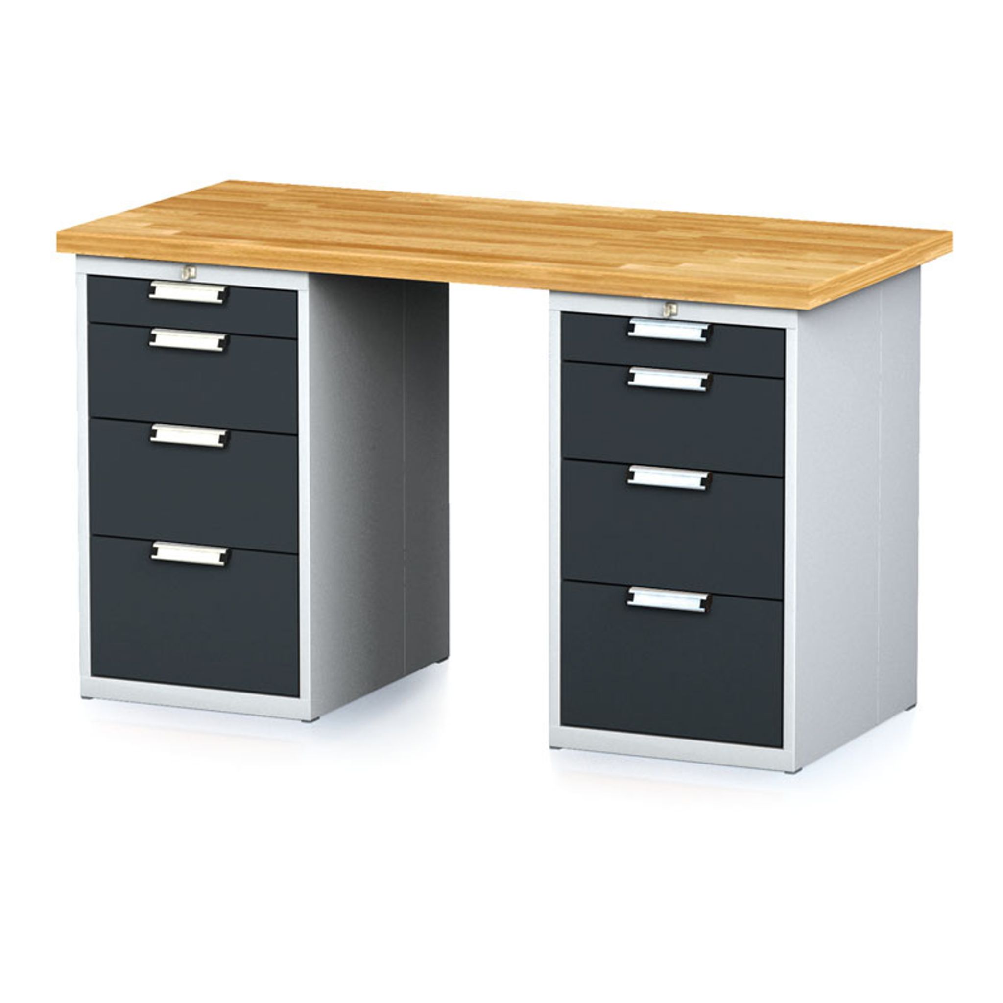 Dílenský stůl MECHANIC I se 2 zásuvkovými dílenskými boxy na nářadí místo nohou, 8 zásuvek, 1500 x 685 x 880 mm, antracitové dveře