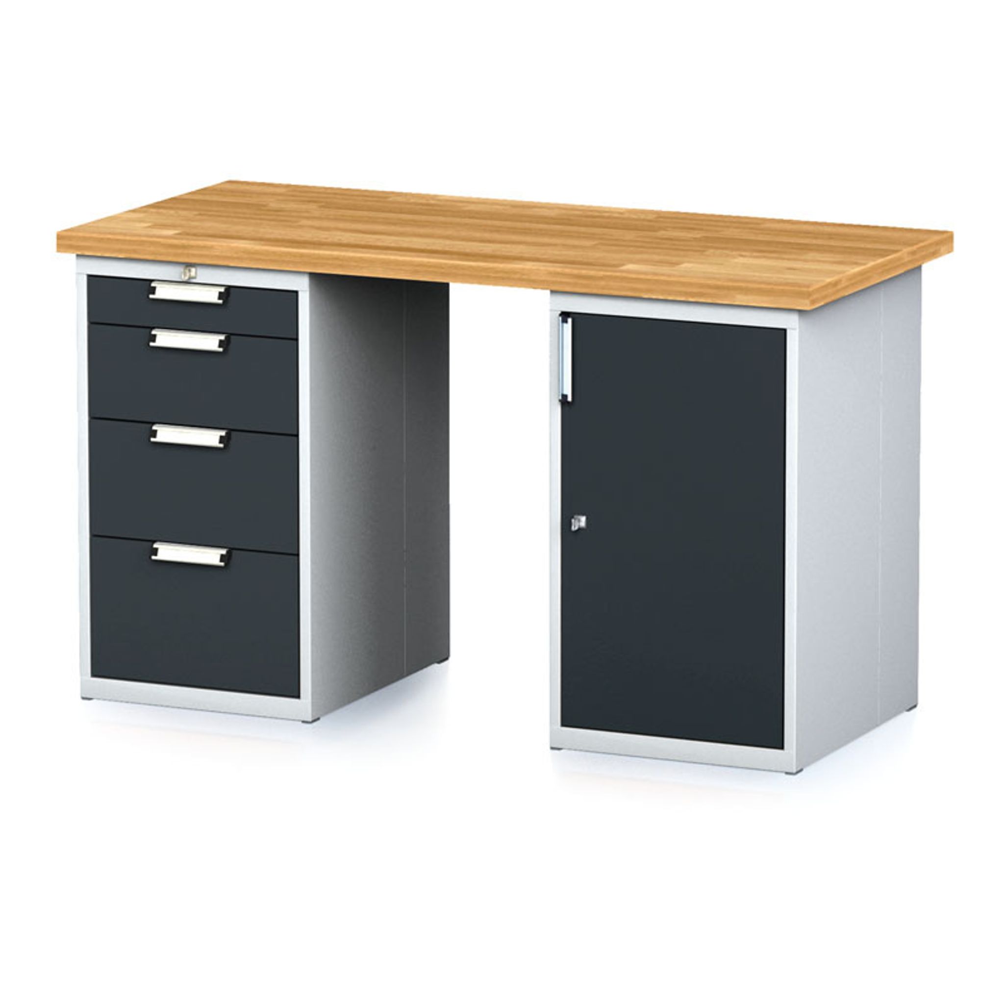 Dílenský stůl MECHANIC I se zásuvkovým boxem a skříňkou na nářadí místo nohou, 4 zásuvky, 1500 x 685 x 880 mm, grafitové dveře