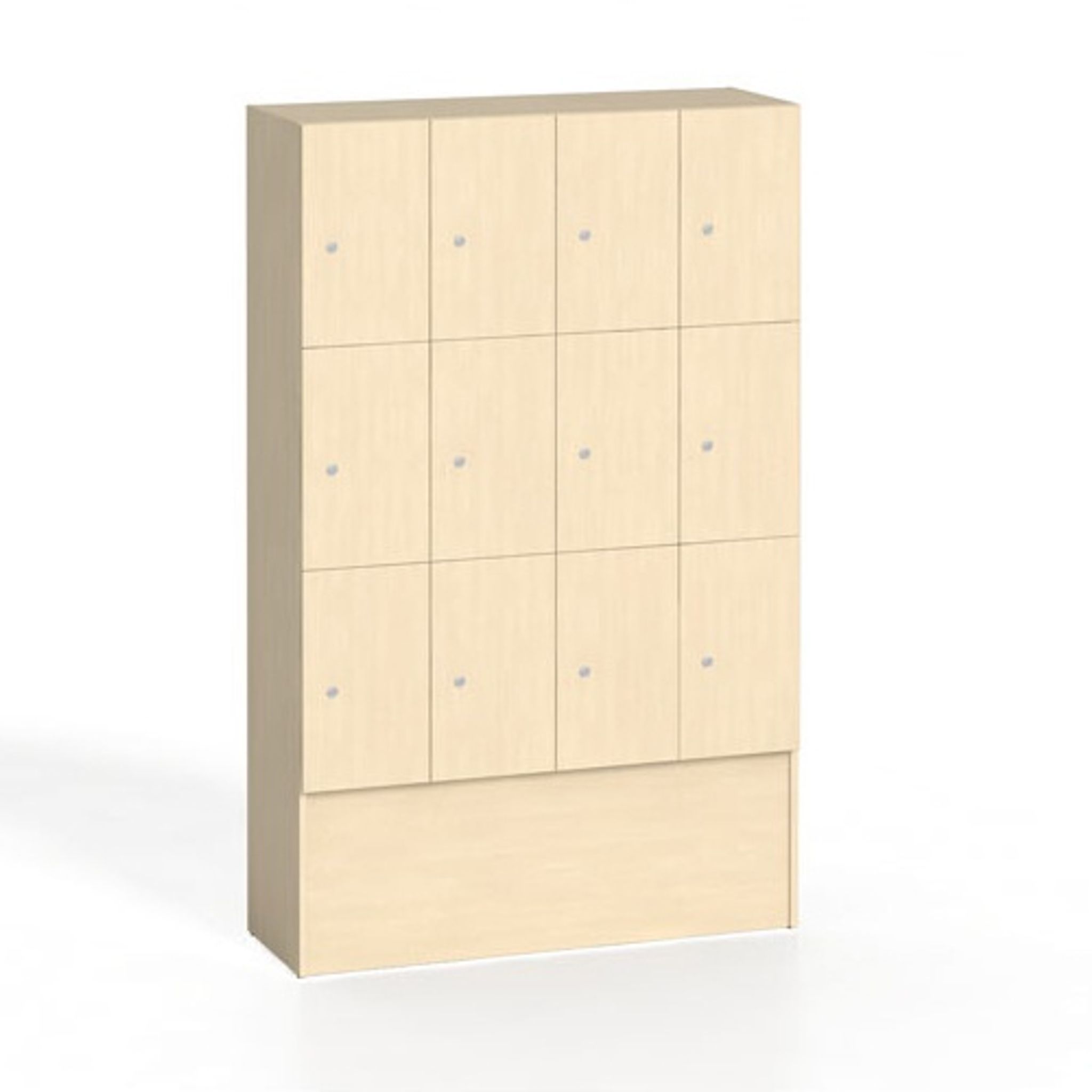 Dřevěná odkládací skříňka s úložnými boxy, 12 boxů, 1700 x 1200 x 420 mm, cylindrický zámek, bříza