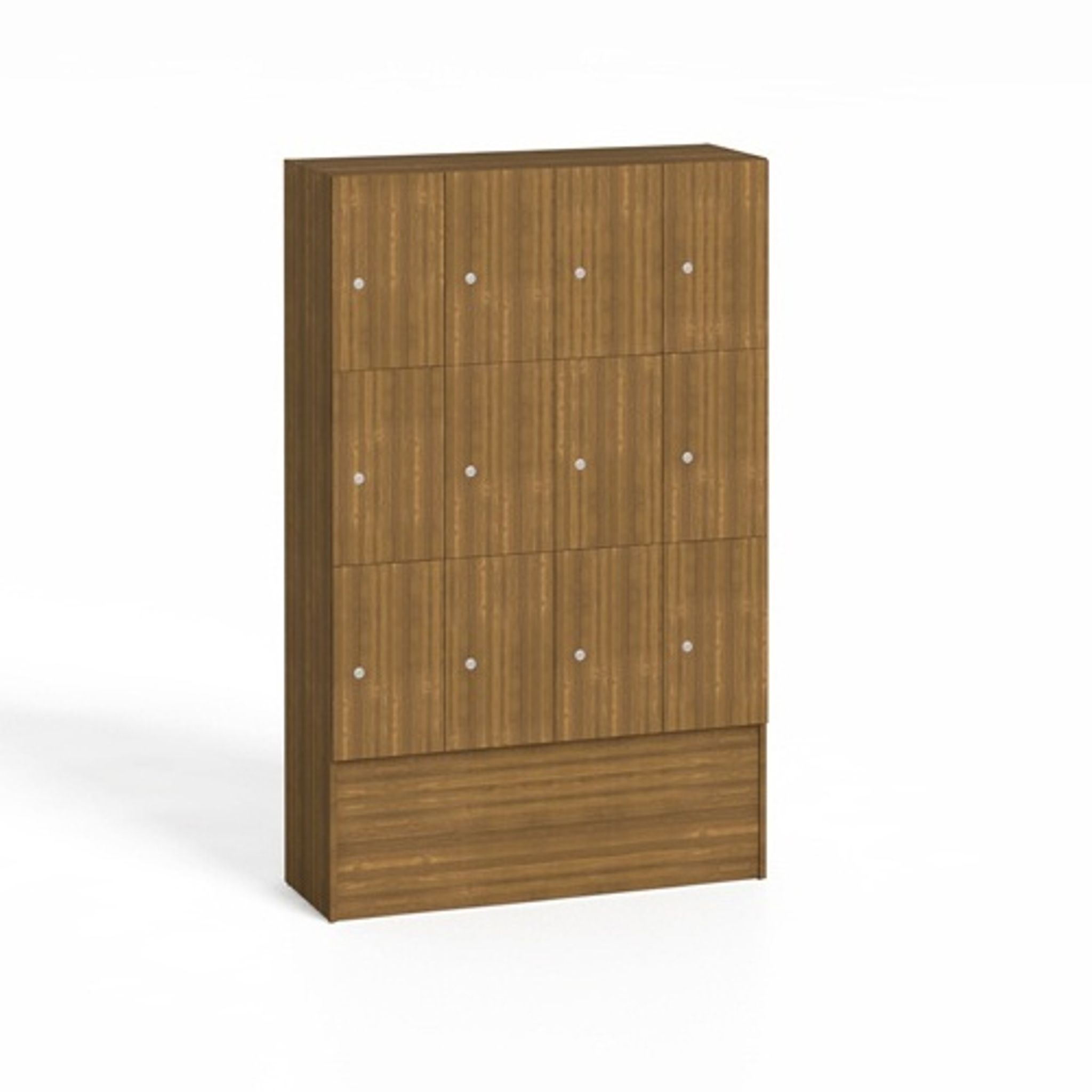 Dřevěná odkládací skříňka s úložnými boxy, 12 boxů, 1700 x 1200 x 420 mm, cylindrický zámek, ořech