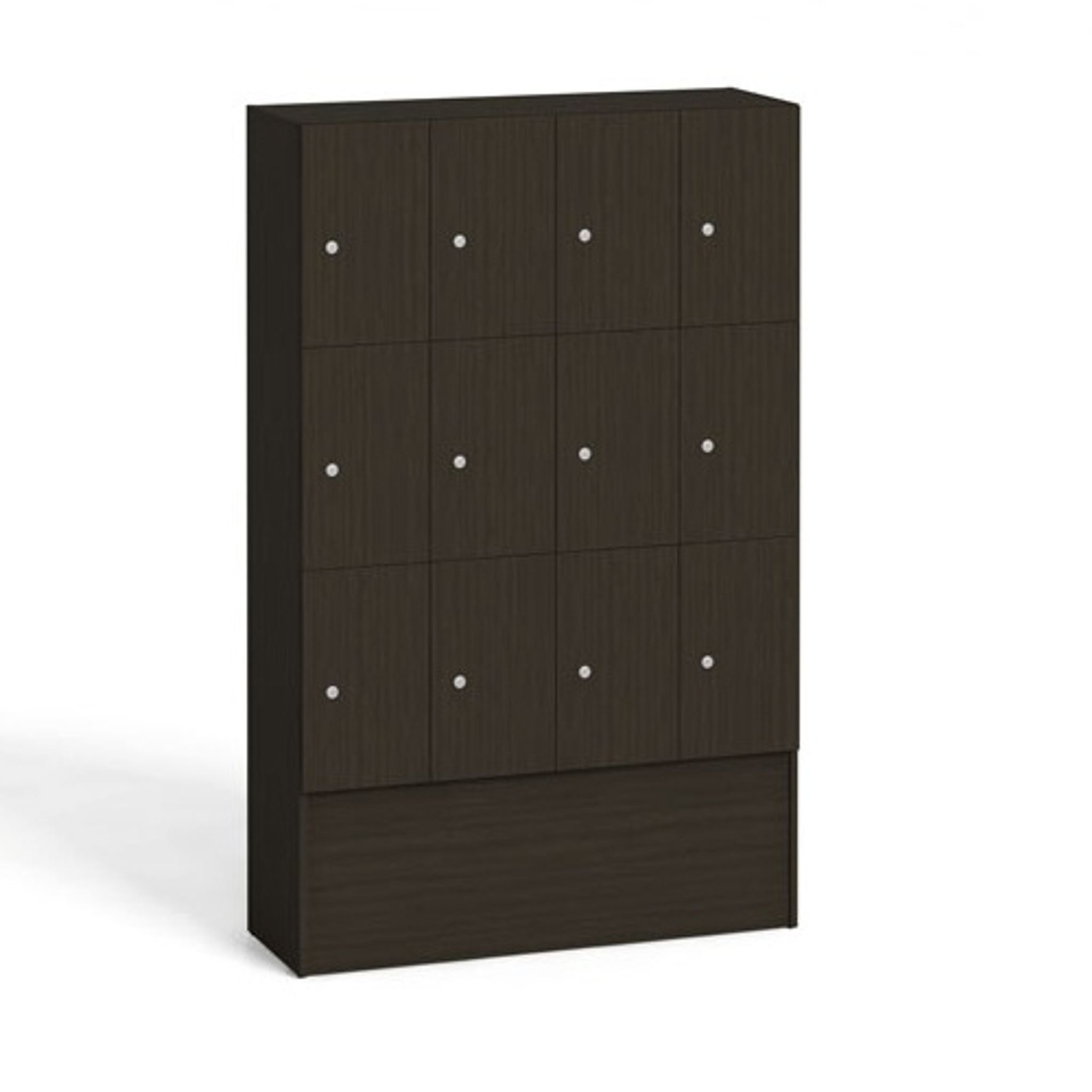 Dřevěná odkládací skříňka s úložnými boxy, 12 boxů, 1700 x 1200 x 420 mm, cylindrický zámek, wenge