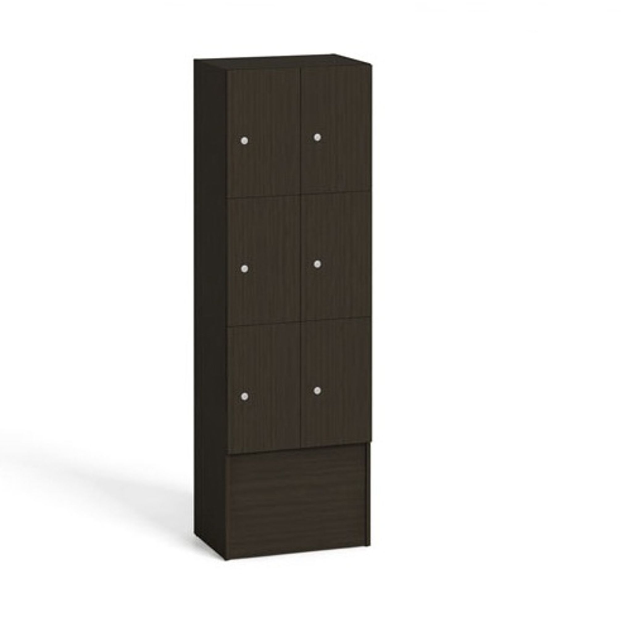 Dřevěná odkládací skříňka s úložnými boxy, 6 boxů, 1700 x 600 x 420 mm, cylindrický zámek, wenge