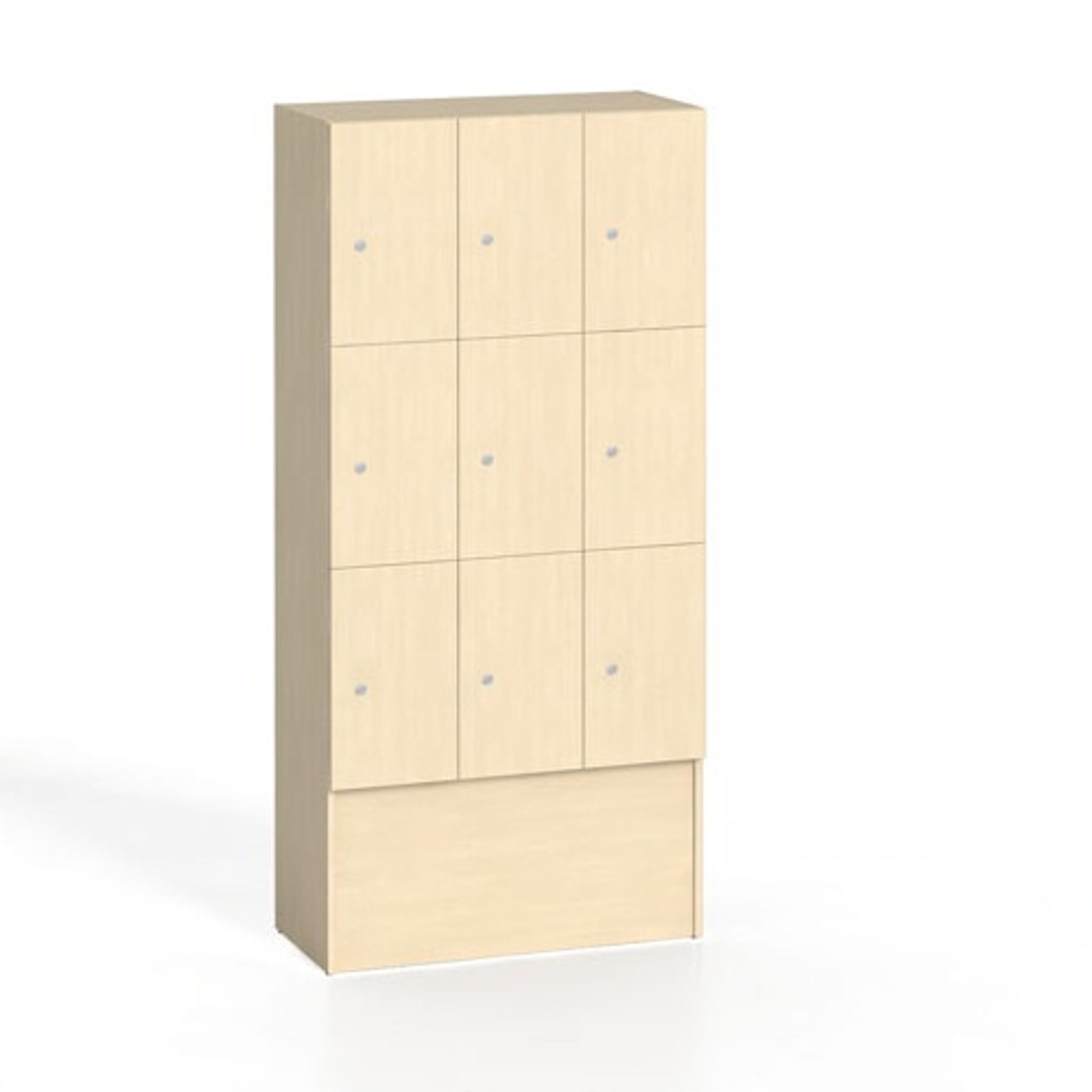 Dřevěná odkládací skříňka s úložnými boxy, 9 boxů, 1700 x 900 x 420 mm, cylindrický zámek, bříza