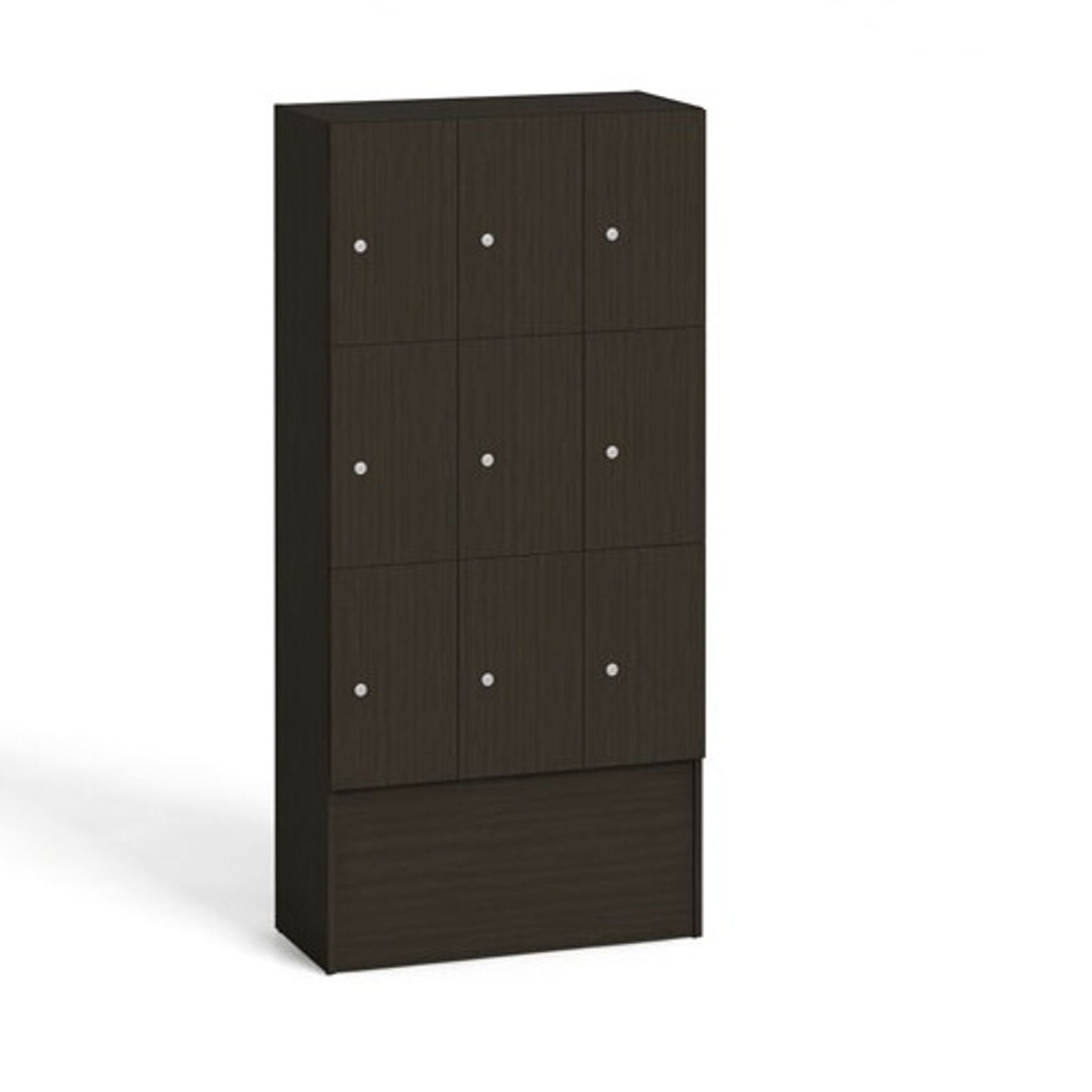 Dřevěná odkládací skříňka s úložnými boxy, 9 boxů, 1700 x 900 x 420 mm, cylindrický zámek, wenge