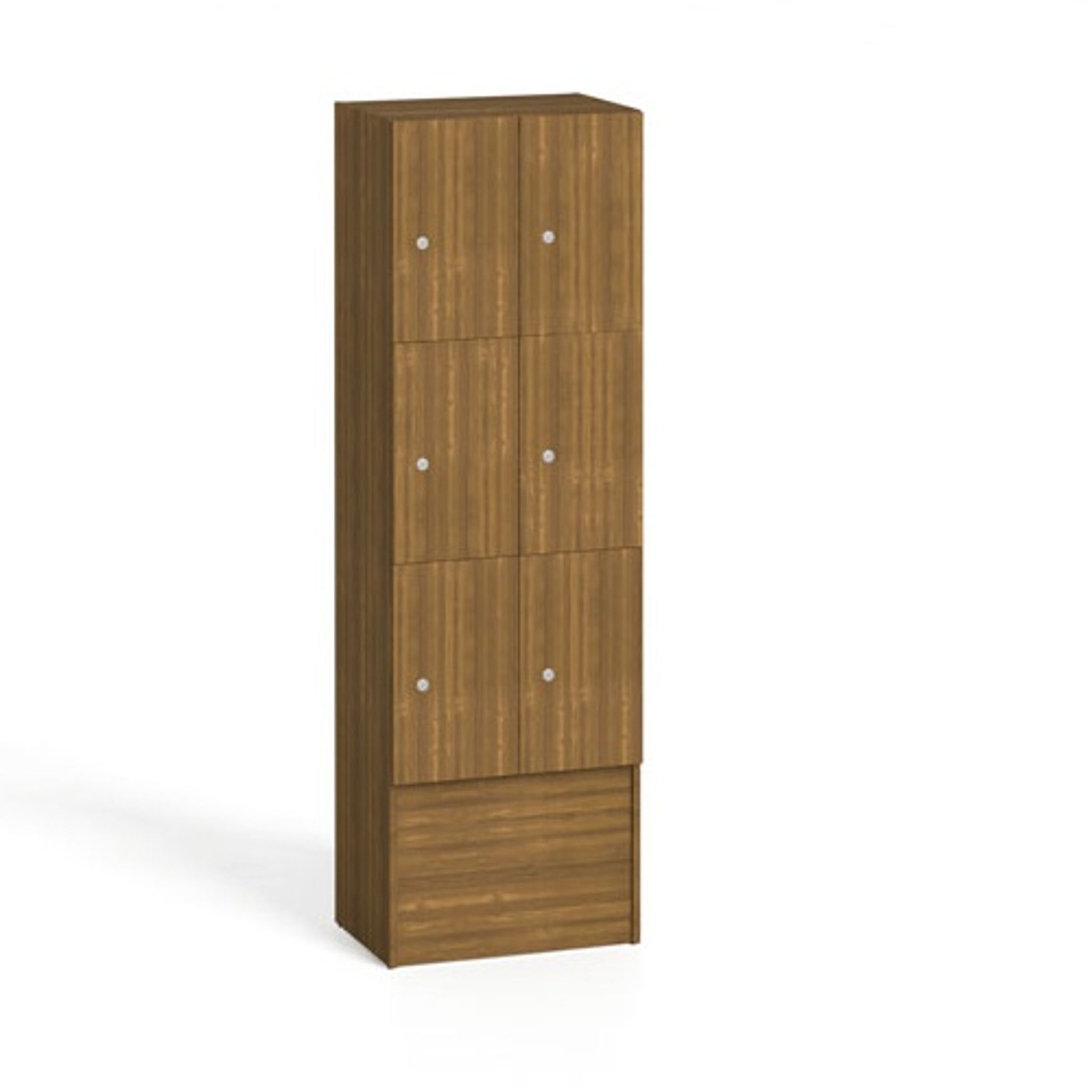 Dřevěná odkládací skříňka S5 s úložnými boxy, 6 boxů, 1700 x 600 x 420 mm, cylindrický zámek, ořech