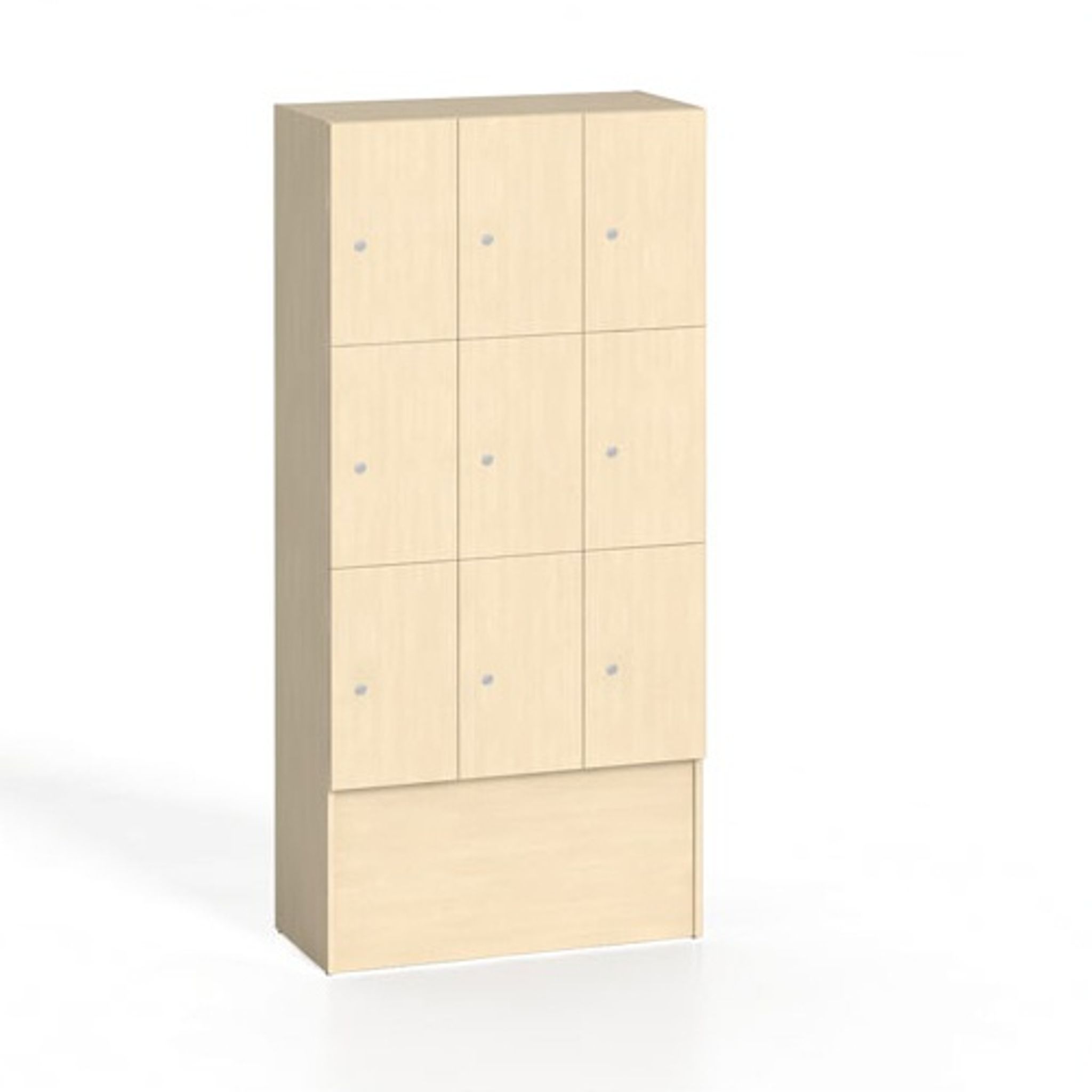 Dřevěná odkládací skříňka S5 s úložnými boxy, 9 boxů, 1700 x 900 x 420 mm, cylindrický zámek, bříza