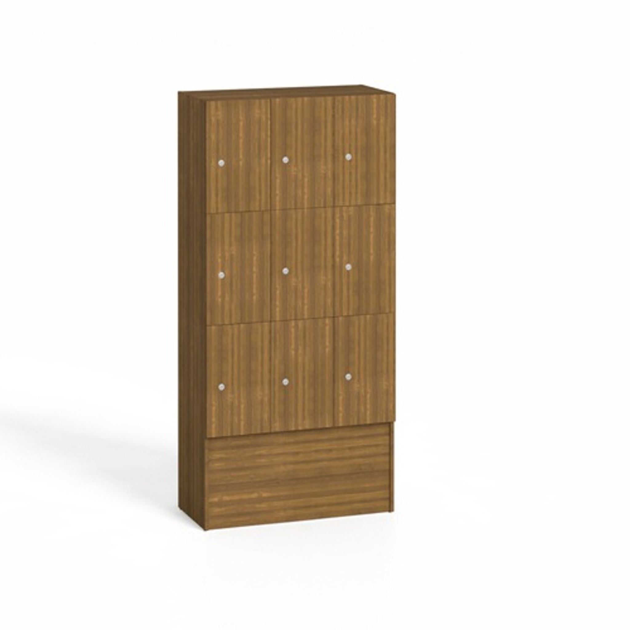 Drevená odkladacia skrinka s úložnými boxami, 9 boxov, 1700 x 900 x 420 mm, cylindrický zámok, orech