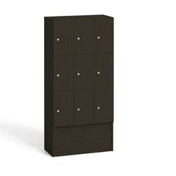 Drevená odkladacia skrinka S5 s úložnými boxami, 9 boxov, 1700 x 900 x 420 mm, cylindrický zámok, wenge