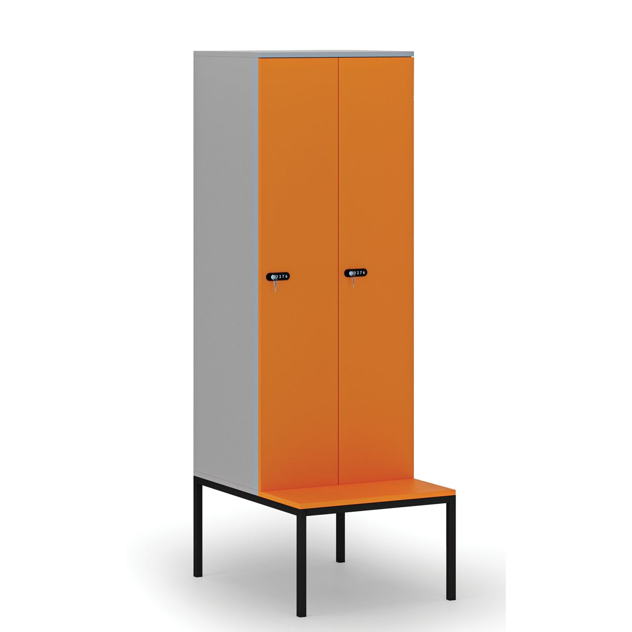 Dřevěná šatní skříňka s lavičkou, 2 oddíly, mechanický kódový zámek, šedá/oranžová