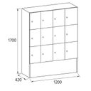 Dřevěná šatní skříňka s odkládacími boxy, 12 boxů, 1700 x 1200 x 420 mm, cylindrický zámek, buk