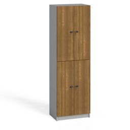 Dřevěná šatní skříňka s úložnými boxy, 4 boxy, demont, kódový zámek, ořech