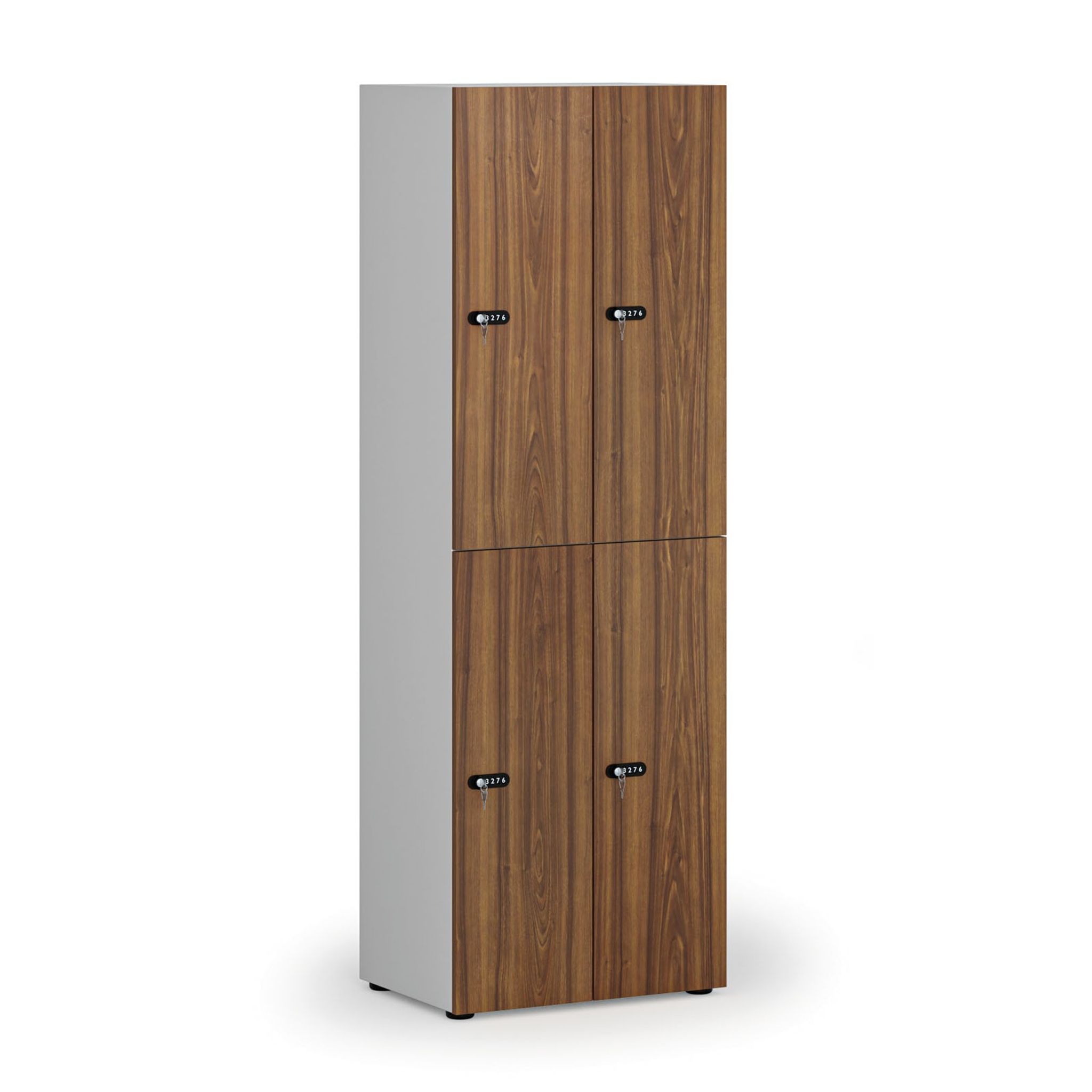 Dřevěná šatní skříňka s úložnými boxy, 4 boxy, mechanický kódový zámek, šedá/ořech