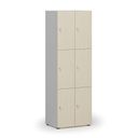 Dřevěná šatní skříňka s úložnými boxy, 6 boxů, cylindrický zámek, šedá/bříza