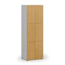 Dřevěná šatní skříňka s úložnými boxy, 6 boxů, cylindrický zámek, šedá/buk