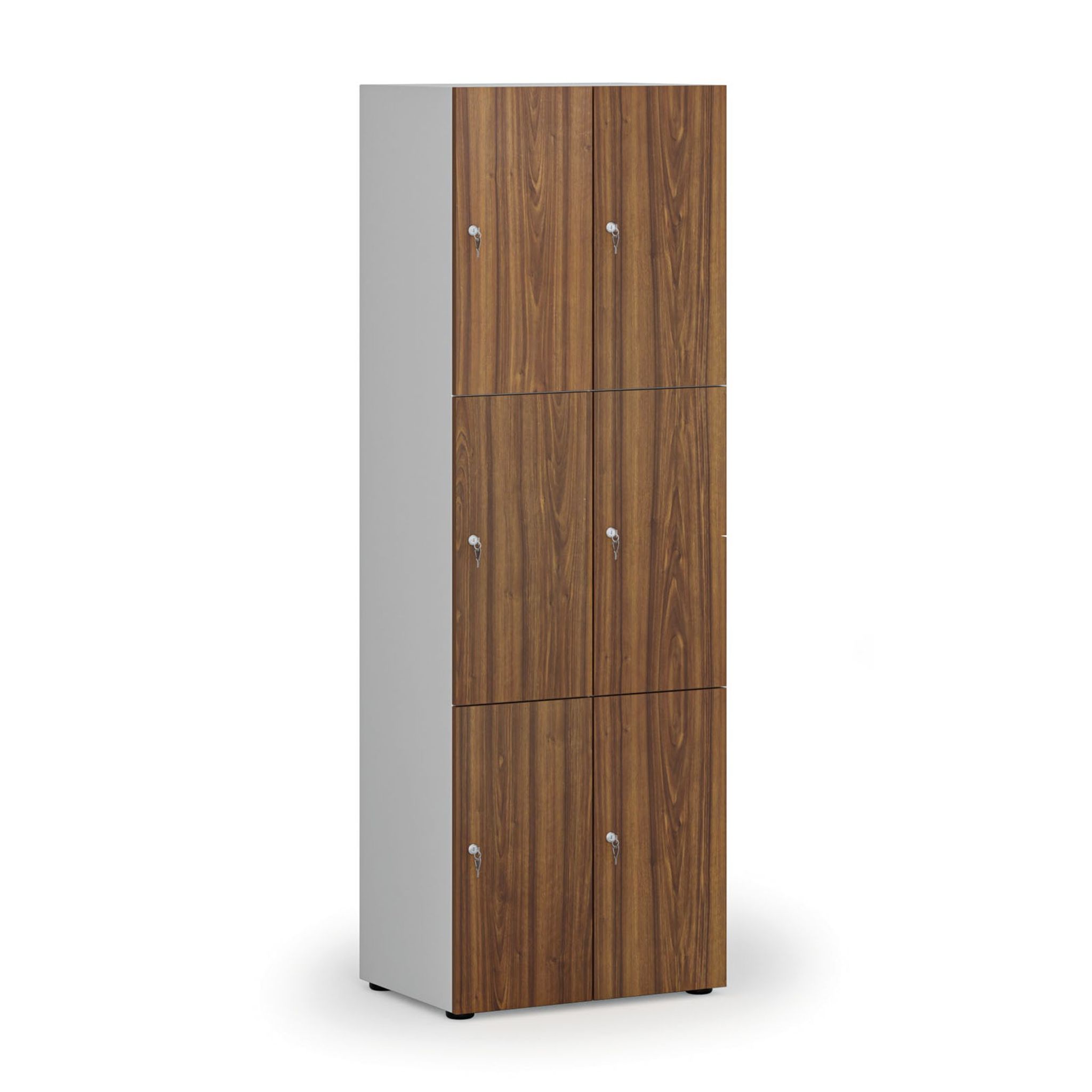 Dřevěná šatní skříňka s úložnými boxy, 6 boxů, cylindrický zámek, šedá/ořech