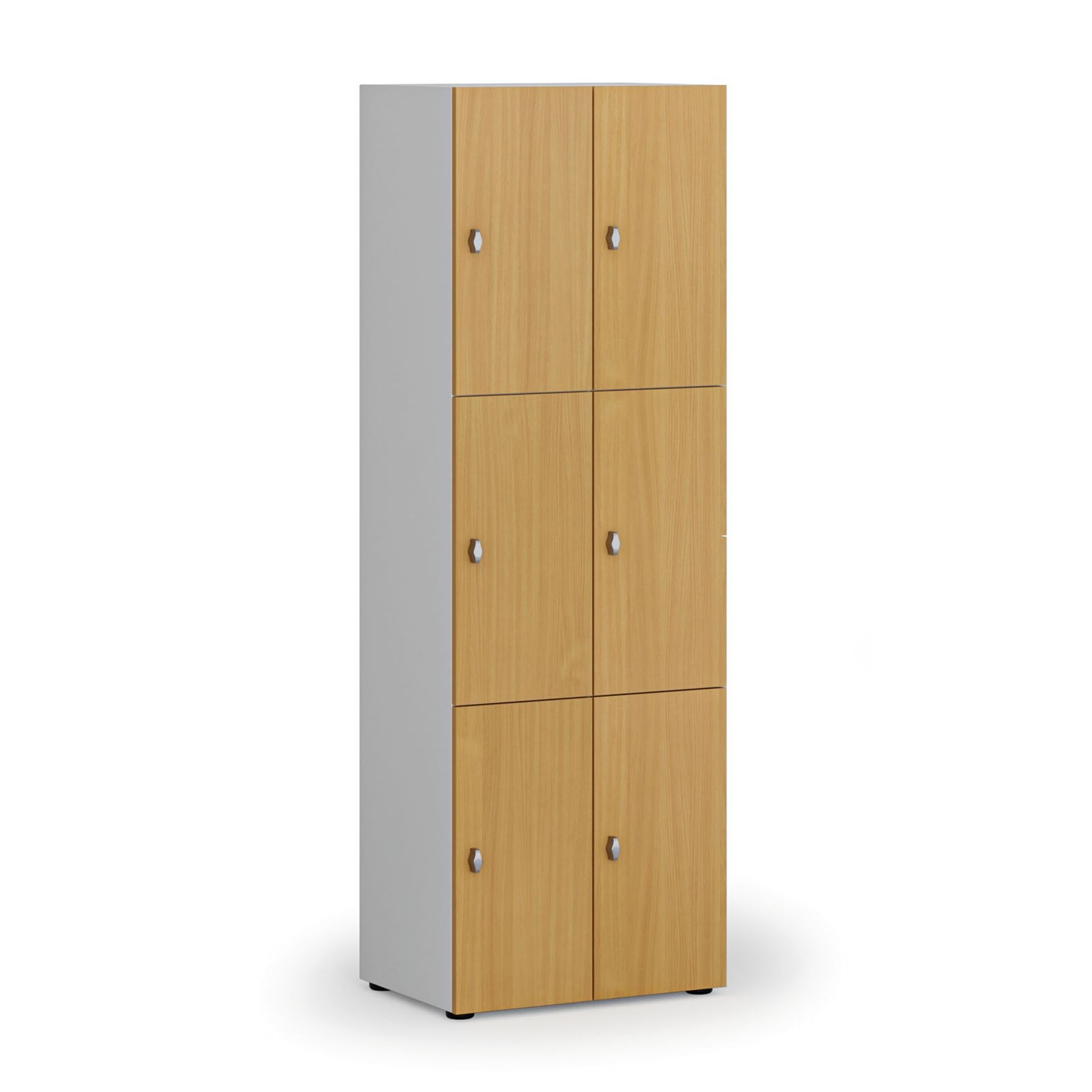 Dřevěná šatní skříňka s úložnými boxy, 6 boxů, demont, otočný zámek, šedá/buk