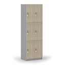 Dřevěná šatní skříňka s úložnými boxy, 6 boxů, otočný zámek, šedá/dub přírodní