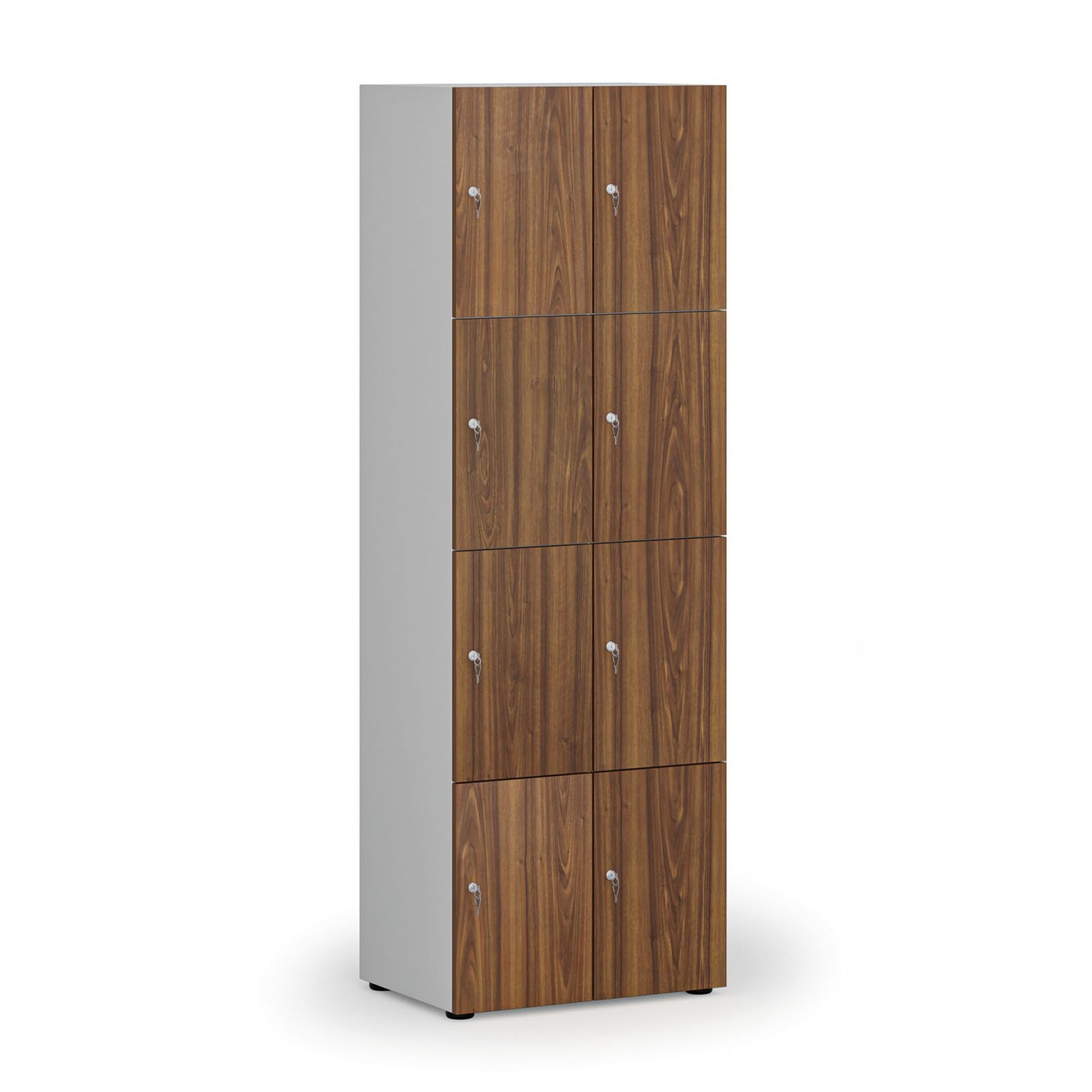 Dřevěná šatní skříňka s úložnými boxy, 8 boxů, demont, cylindrický zámek, šedá/ořech