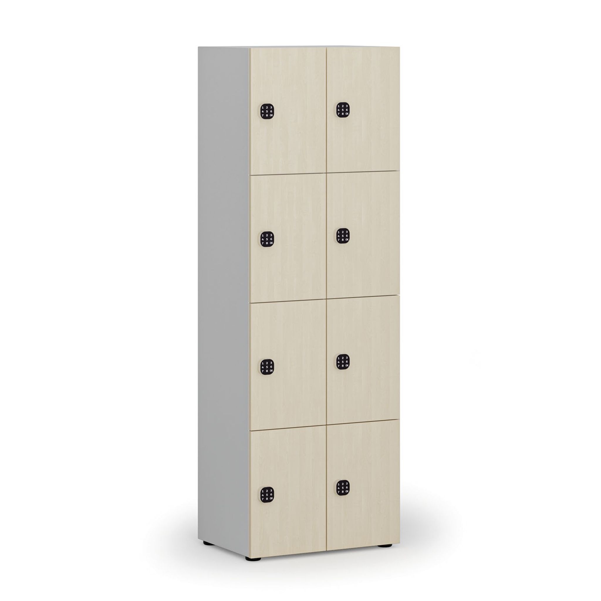 Dřevěná šatní skříňka s úložnými boxy, 8 boxů, demont, kódový zámek