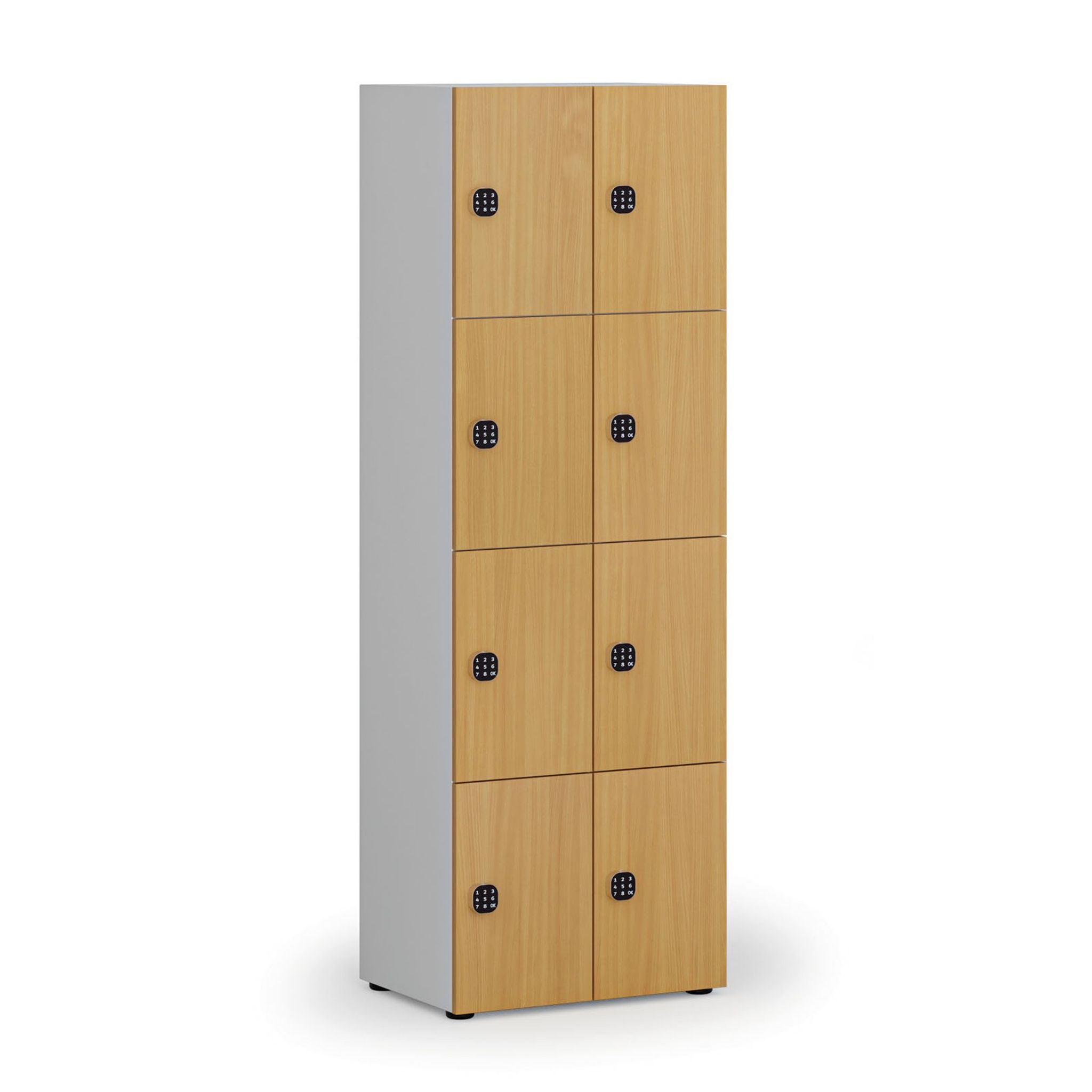 Dřevěná šatní skříňka s úložnými boxy, 8 boxů, kódový zámek, šedá/buk