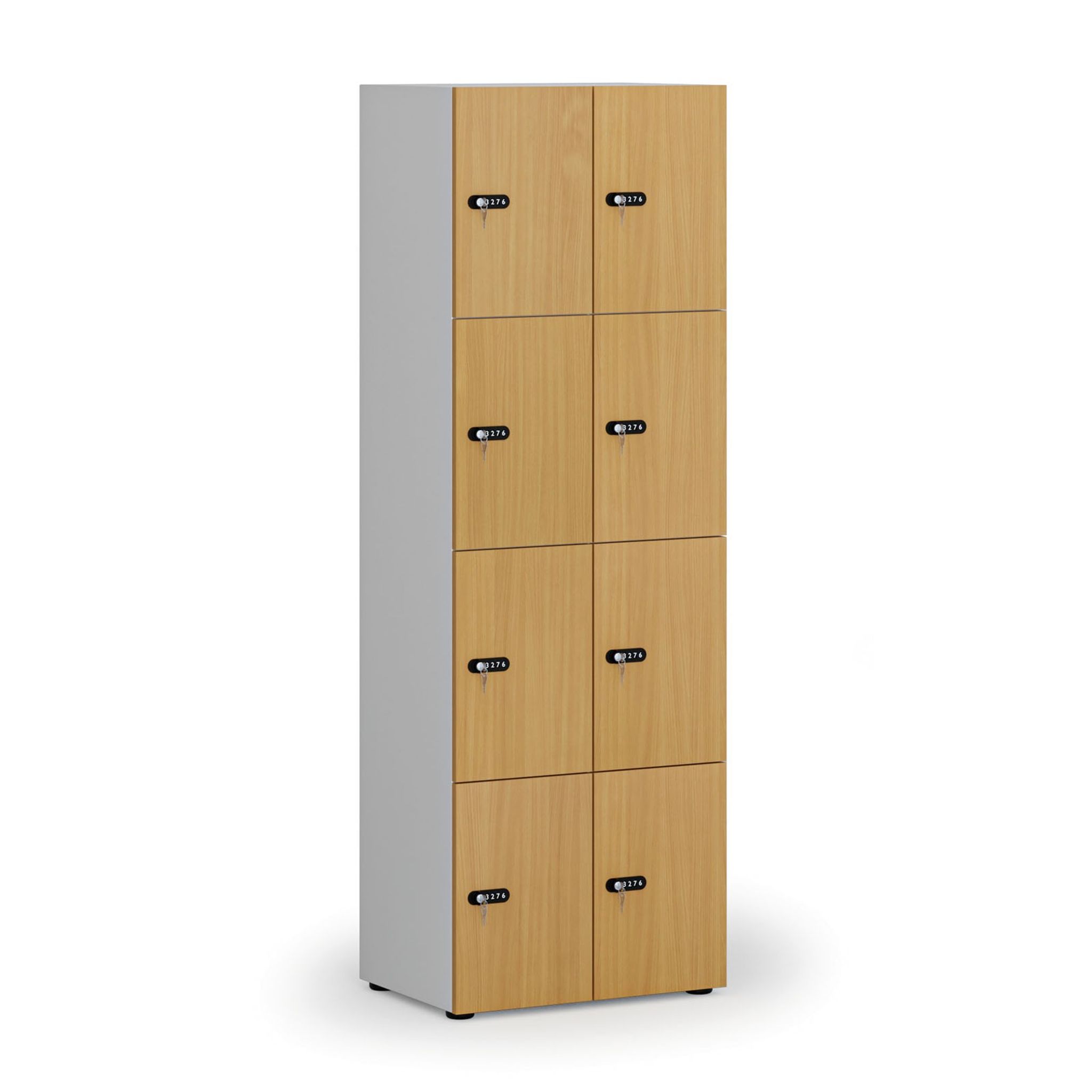 Dřevěná šatní skříňka s úložnými boxy, 8 boxů, mechanický kódový zámek, šedá/buk