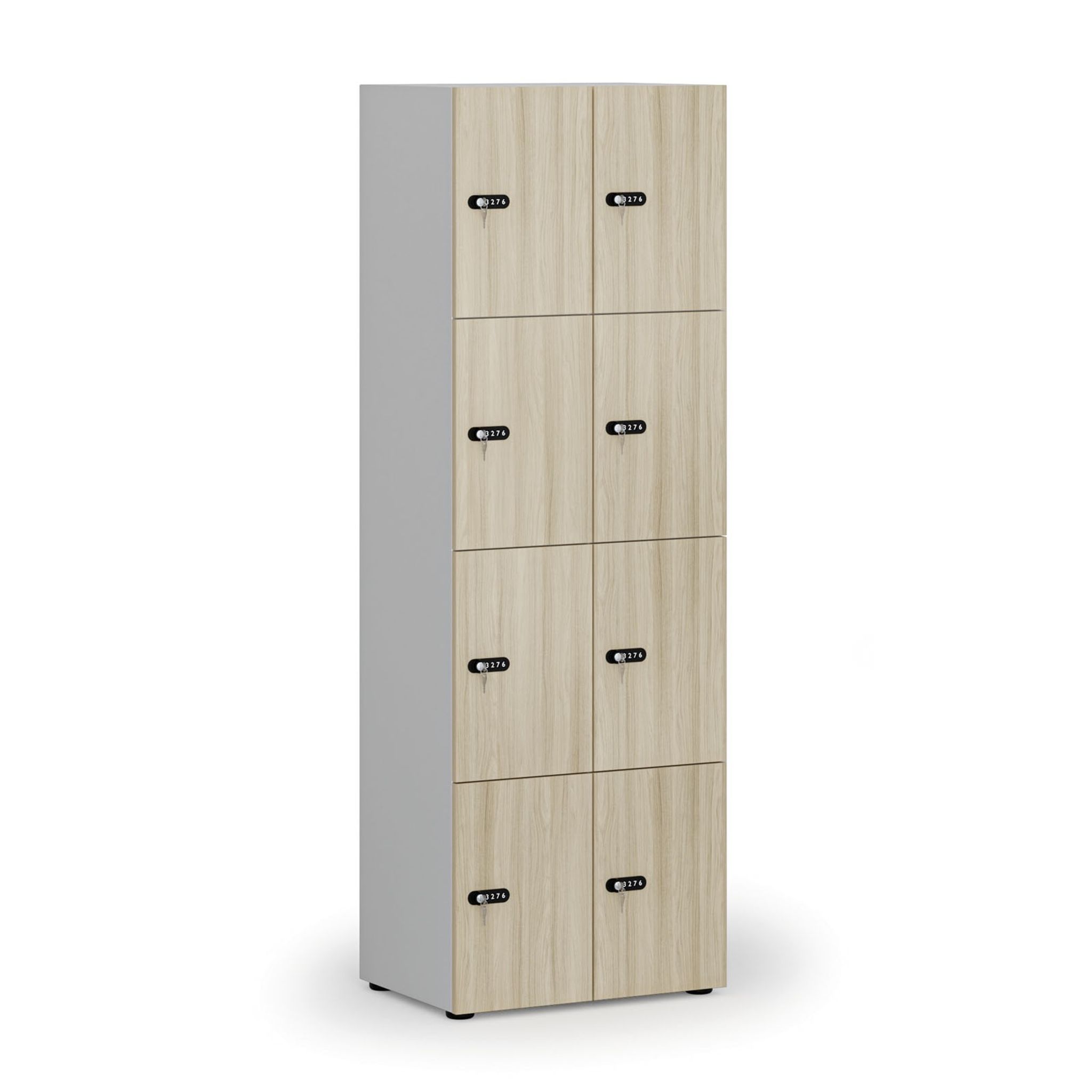 Dřevěná šatní skříňka s úložnými boxy, 8 boxů, mechanický kódový zámek, šedá/dub přírodní