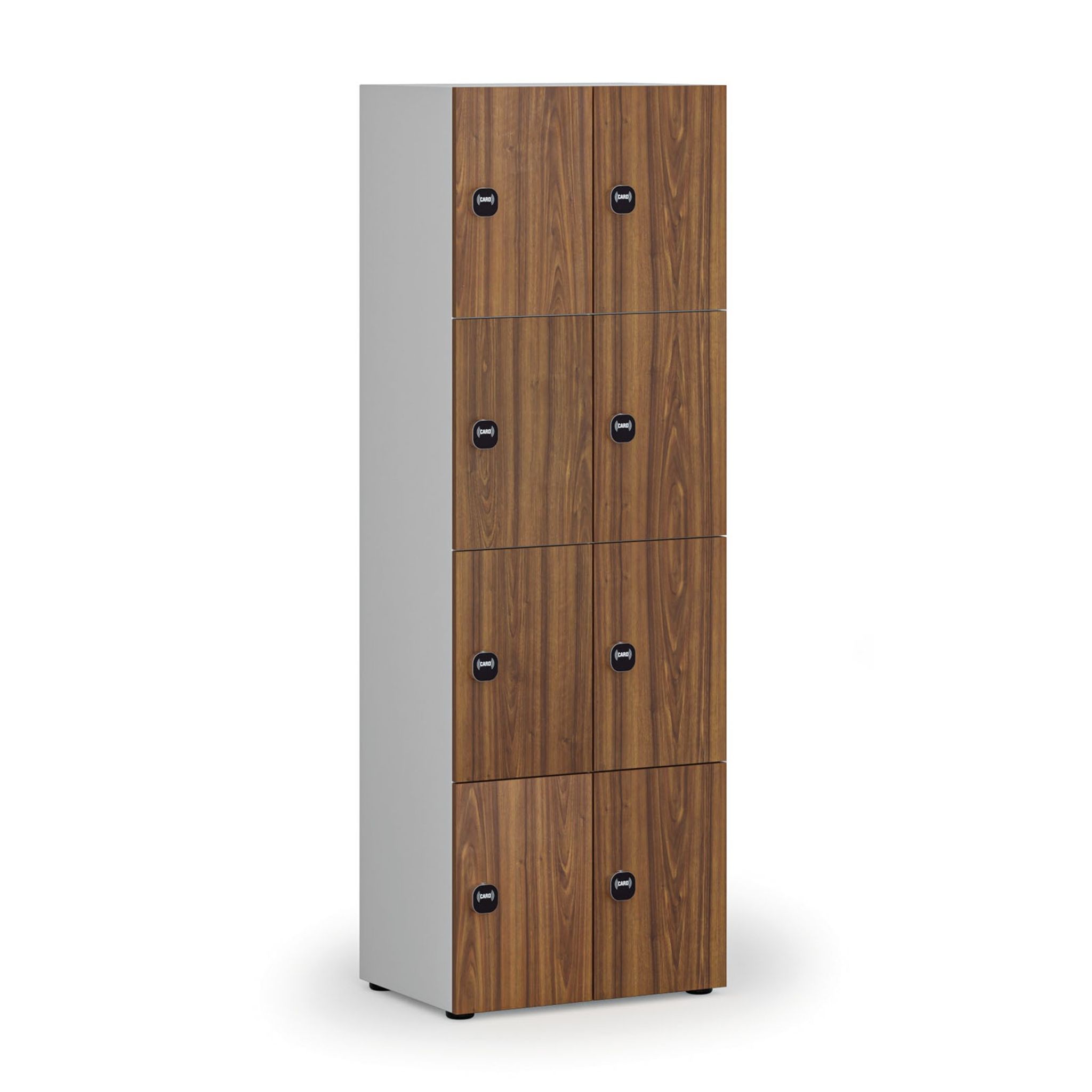 Dřevěná šatní skříňka s úložnými boxy, 8 boxů, RFID zámek, šedá/ořech