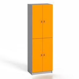 Dřevěná šatní skříňka S4, 4 dveře, demont, cylindrický zámek, šedá / oranžová