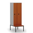 Dřevěná šatní skříňka S4 s lavičkou, 2 oddíly, 1871 x 600 x 500/800 mm, demont, kódový zámek, šedá/třešeň