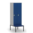 Dřevěná šatní skříňka S4 s lavičkou, 2 oddíly, 1871 x 600 x 500/800 mm, demont, otočný zámek, šedá/modrá