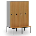 Dřevěná šatní skříňka S4 s lavičkou, 2 oddíly, 1871 x 600 x 500/800 mm, demont, RFID zámek, šedá/bříza