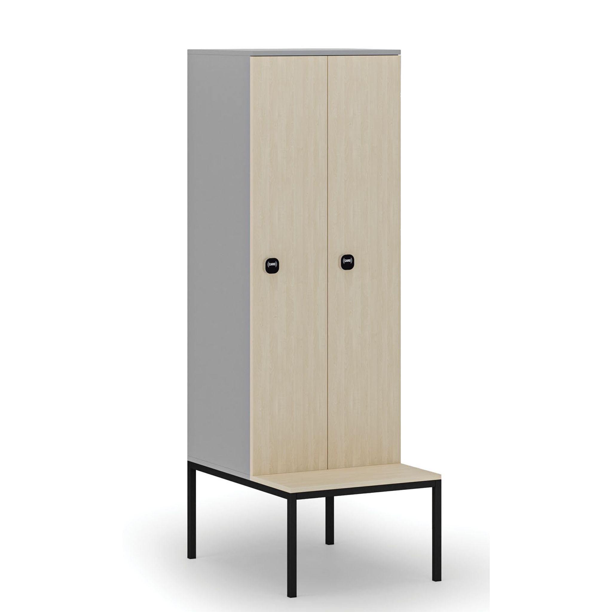 Dřevěná šatní skříňka S4 s lavičkou, 2 oddíly, 1871 x 600 x 500/800 mm, demont, RFID zámek