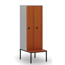 Dřevěná šatní skříňka S4 s lavičkou, 2 oddíly, 1871 x 600 x 500/800 mm, demont, RFID zámek, šedá/třešeň