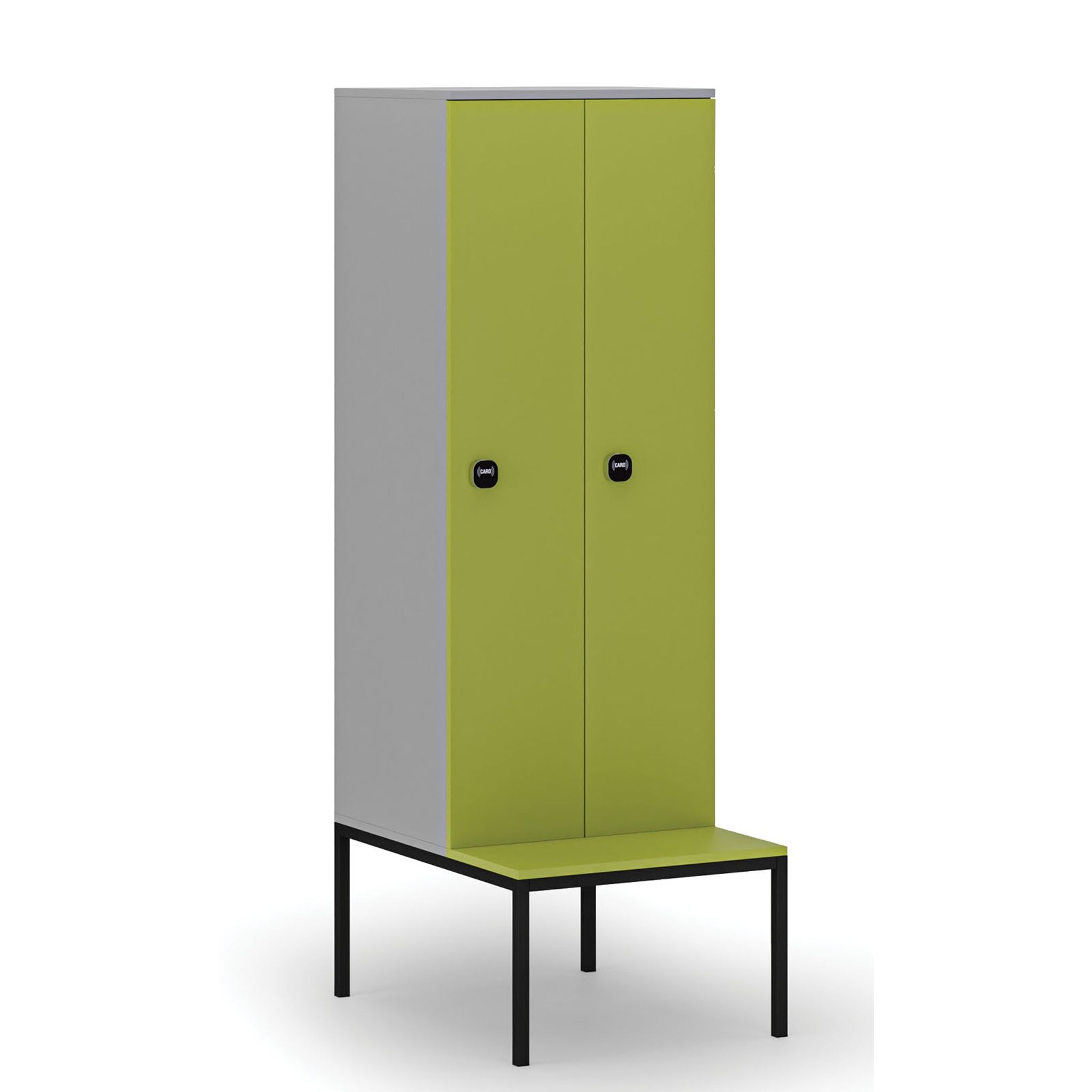 Dřevěná šatní skříňka S4 s lavičkou, 2 oddíly, 1871 x 600 x 500/800 mm, demont, RFID zámek, šedá/zelená