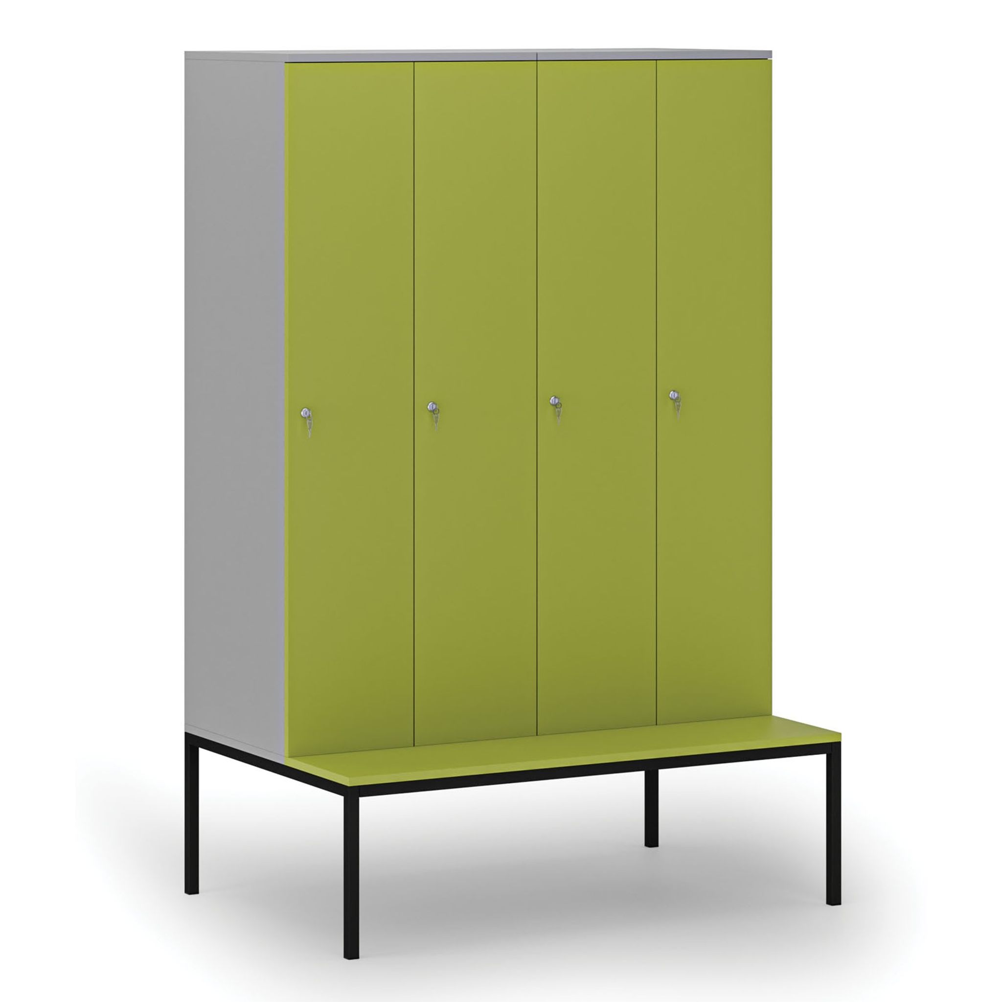 Dřevěná šatní skříňka S4 s lavičkou, 4 oddíly, 1871 x 1200 x 500/800 mm, demont, cylindrický zámek, šedá/zelená