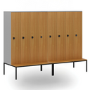 Dřevěná šatní skříňka S4 s lavičkou, 4 oddíly, 1871 x 1200 x 500/800 mm, demont, kódový zámek, šedá/oranžová