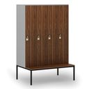 Dřevěná šatní skříňka S4 s lavičkou, 4 oddíly, 1871 x 1200 x 500/800 mm, demont, otočný zámek, šedá/ořech