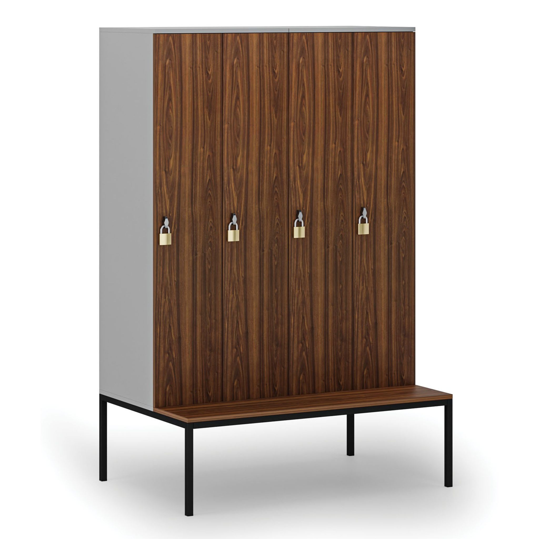 Dřevěná šatní skříňka S4 s lavičkou, 4 oddíly, 1871 x 1200 x 500/800 mm, demont, otočný zámek, šedá/ořech