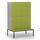Dřevěná šatní skříňka S4 s lavičkou, 4 oddíly, 1871 x 1200 x 500/800 mm, demont, otočný zámek, šedá/zelená