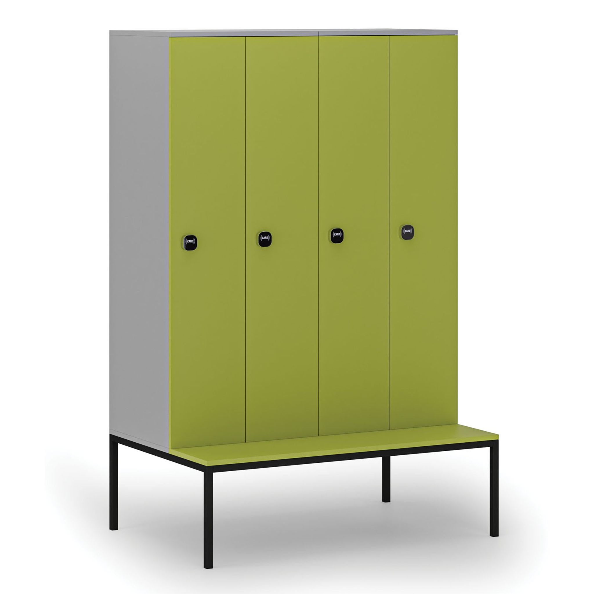 Dřevěná šatní skříňka S4 s lavičkou, 4 oddíly, 1871 x 1200 x 500/800 mm, demont, RFID zámek, šedá/zelená
